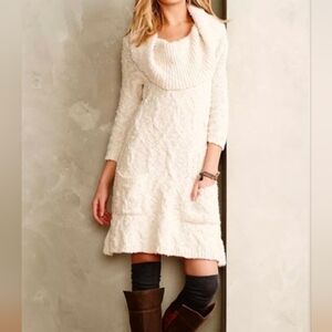 Anthropologie Sleeping on Snow Cream Cable Knit Cowl Neck Sweater Dress - XS